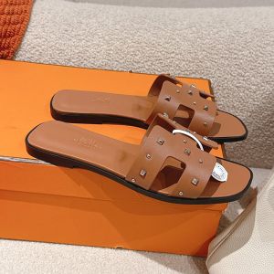 Hermes Oran Slides Women Medor Studs Calfskin In Brown