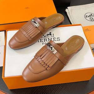 Hermes Oz Mules Women Calfskin with Fringe and Kelly Buckle In Brown