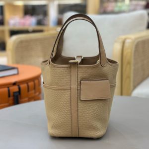 Hermes Picotin Lock Cargo 18 Bag Canvas and Swift Leather Gold/Palladium Hardware Khaki
