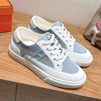 Hermes Deep Sneakers Unisex Calfskin and Canvas In White/Blue