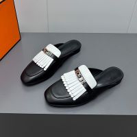 Hermes Oz Mules Women Calfskin with Fringe and Kelly Buckle In Black/White