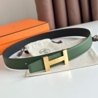 Hermes Punache Buckle 32 Reversible Belt Leather In Green/Black