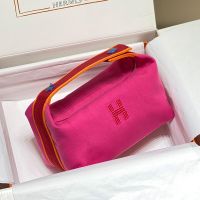 Hermes Trousse Bride-A-Brac Case Canvas Palladium Hardware In Rose/Red